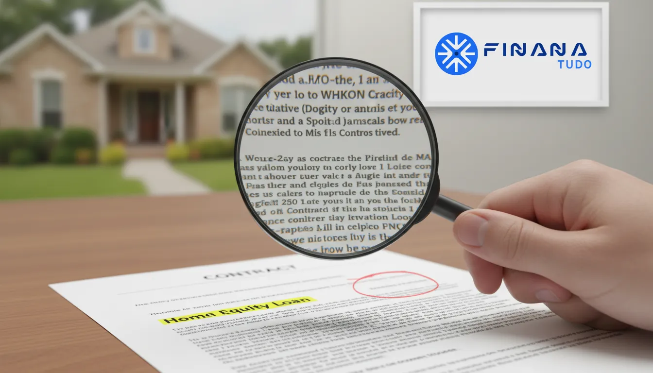Lupa sobre contrato de home equity, destacando os riscos do home equity e a importância de ler as letras miúdas.