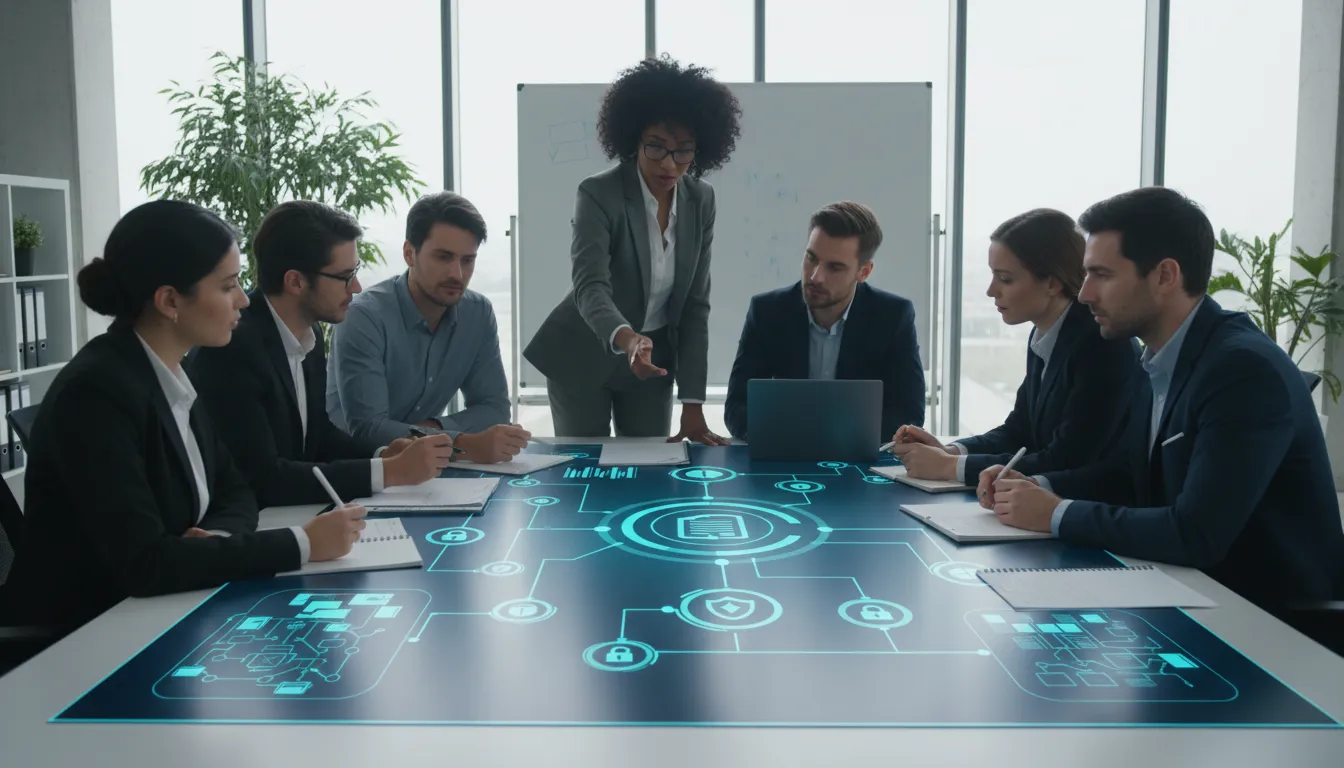 Equipe InfoLock elaborando guia de RIPD LGPD, discutindo estratégias de proteção de dados em ambiente colaborativo e seguro.