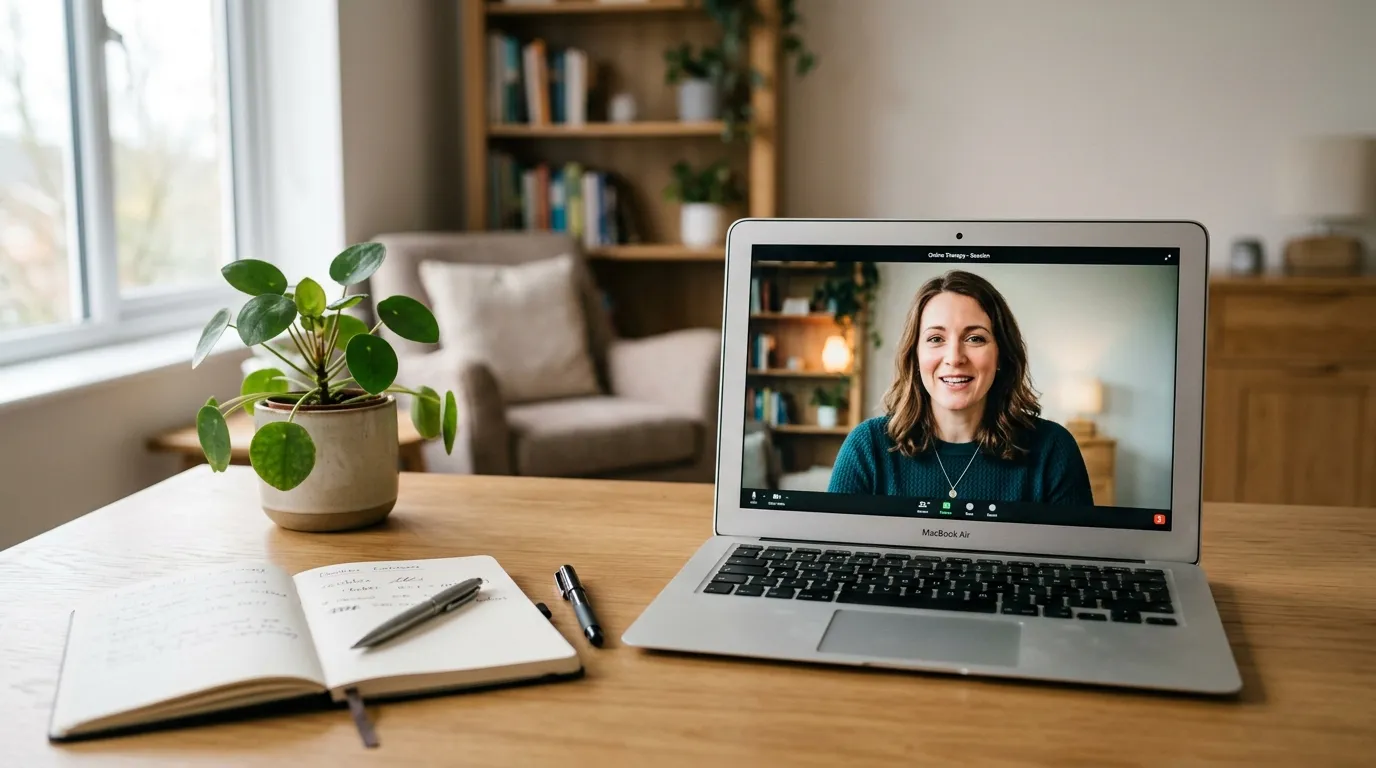 Sessão de mindfulness online com psicóloga profissional guiando exercício