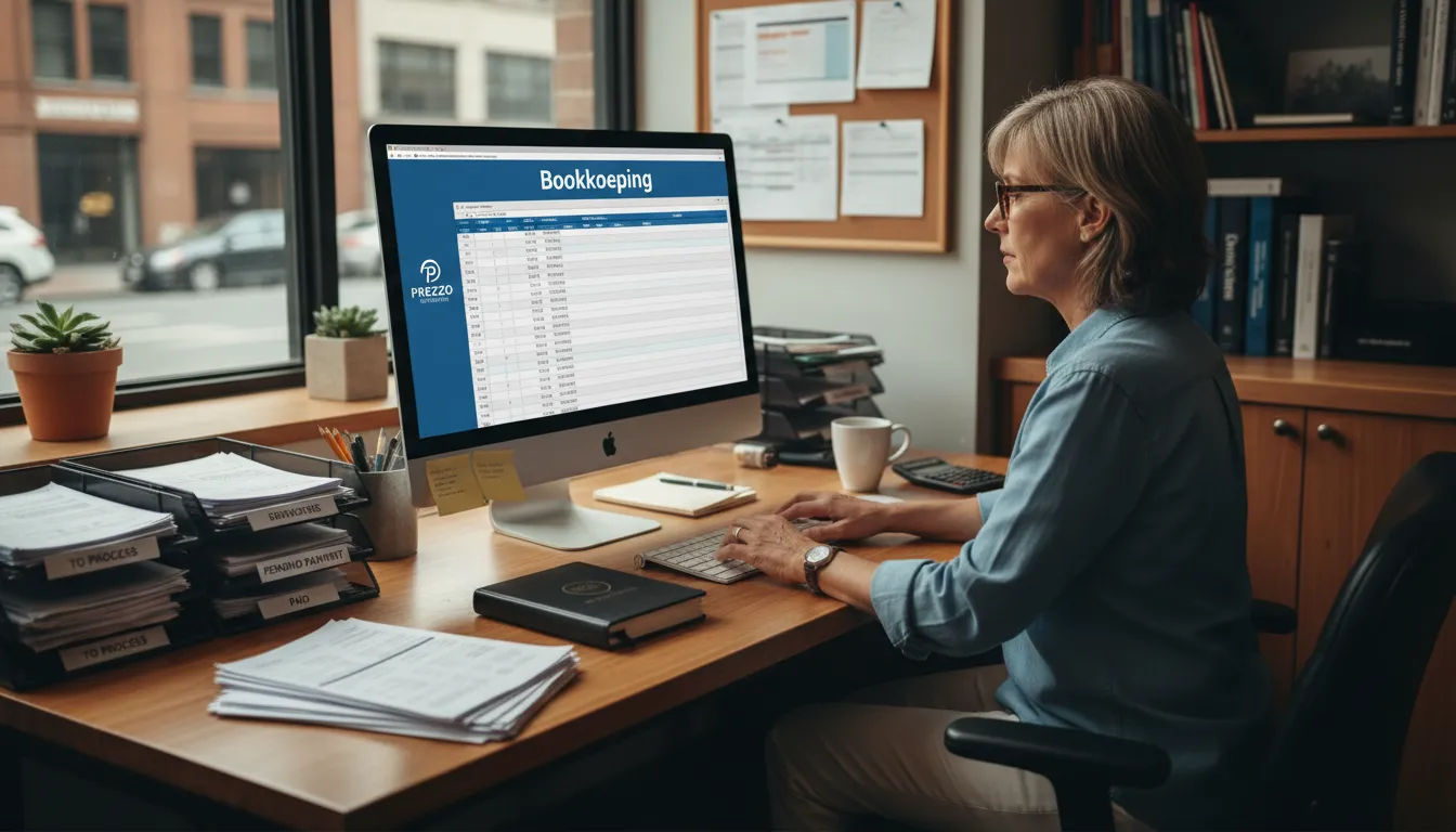 An organized office scene highlighting the importance of bookkeeping for restaurants, featuring a bookkeeper working diligently with financial data.