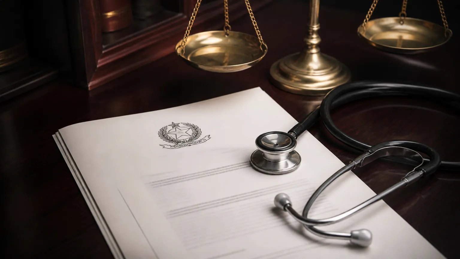 Balança da justiça e documentos médicos representando liminar contra plano de saúde em Presidente Prudente.