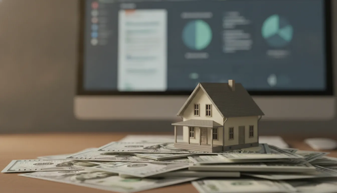 Miniatura de casa sobre notas, simbolizando home equity para arquitetos e segurança financeira.
