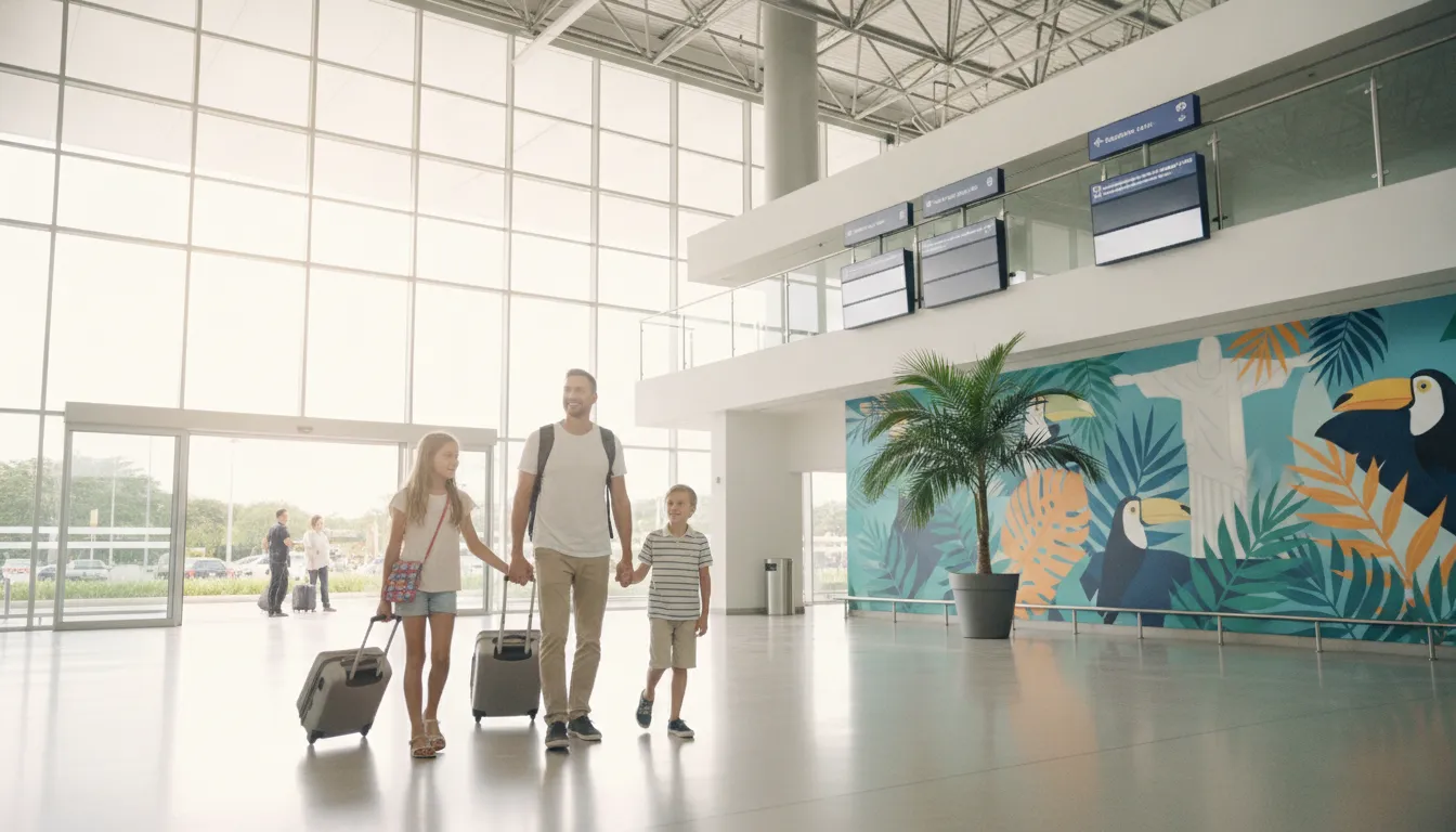 US family happily arriving Brazil airport, symbolizing successful e visa Brazil for family travel.