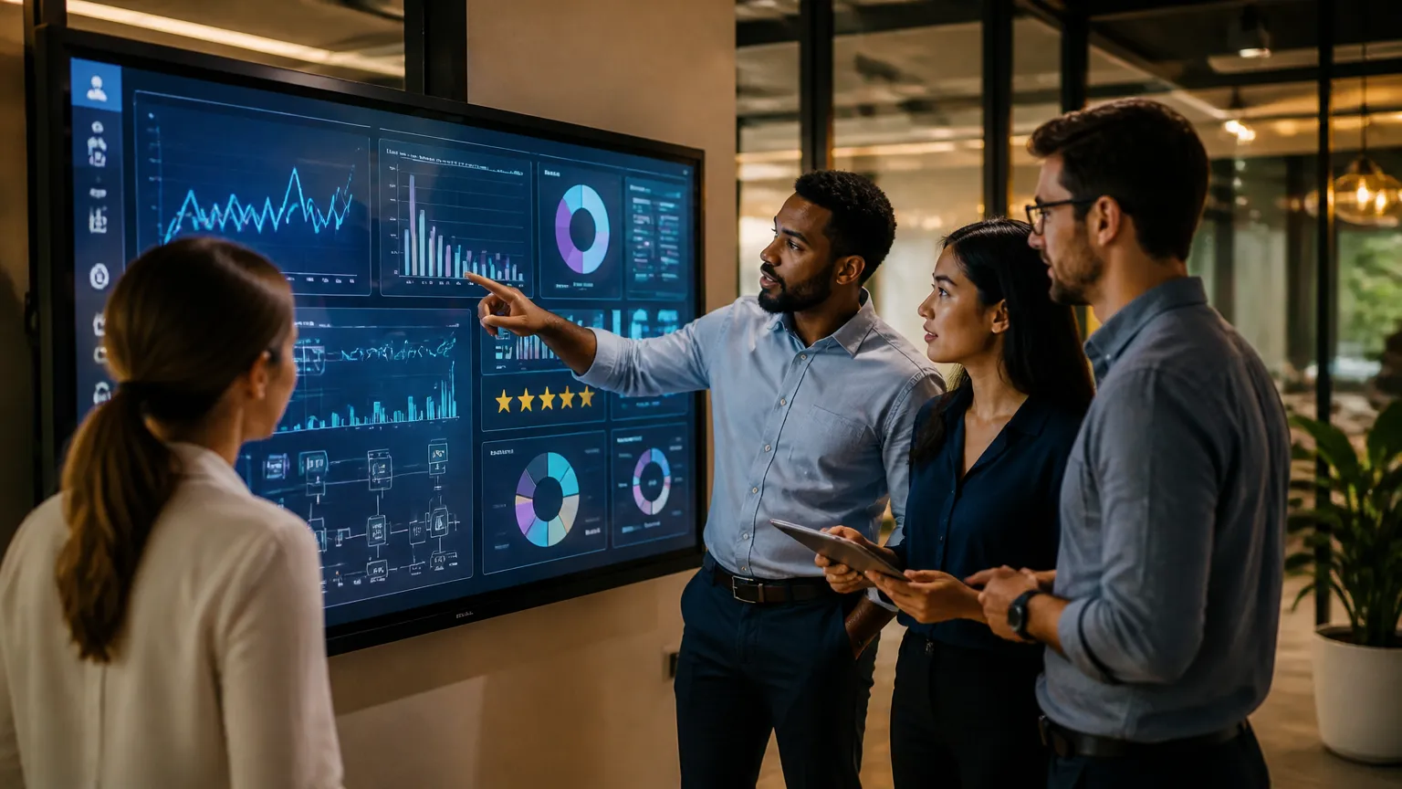 Equipe comercial analisando métricas para otimizar a relação com clientes em painel interativo digital.