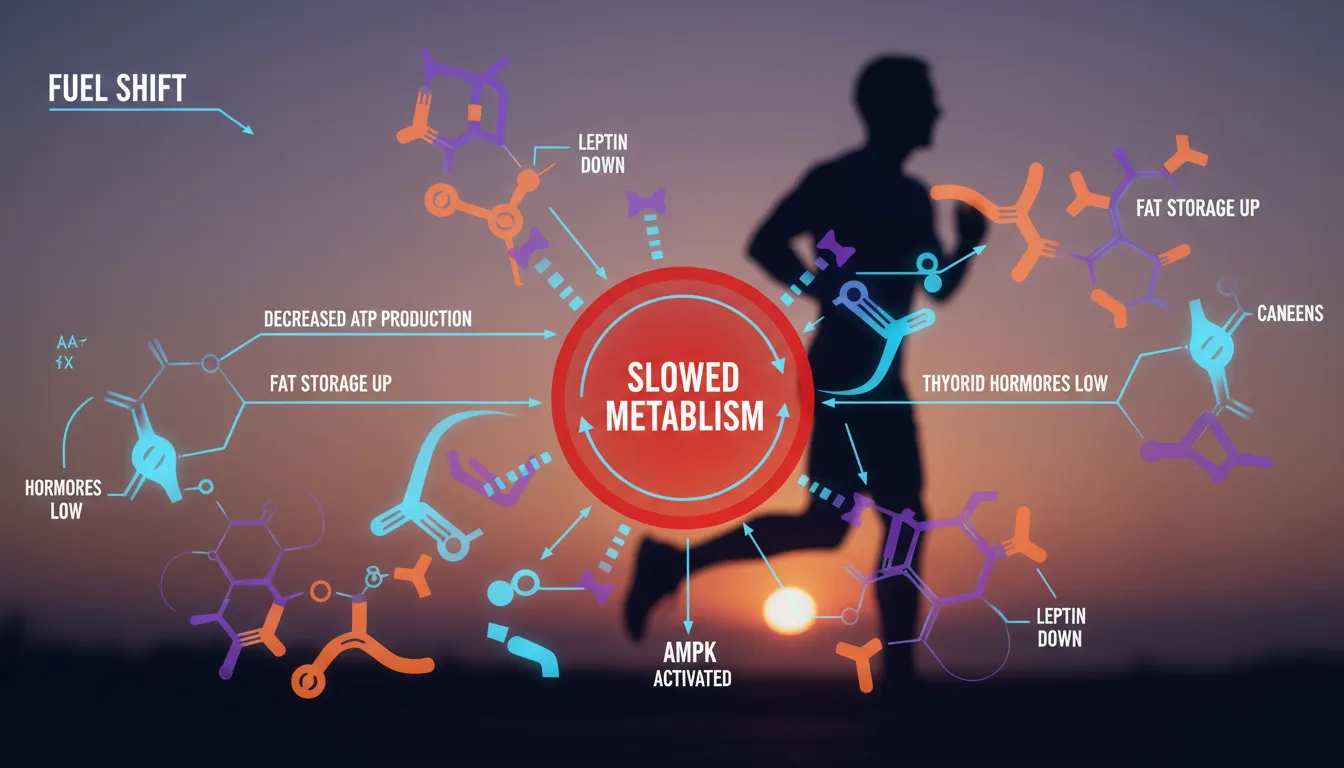Diagrama metabólico detallando la adaptación del cuerpo y el efecto plató en la pérdida de peso debido a la dieta.