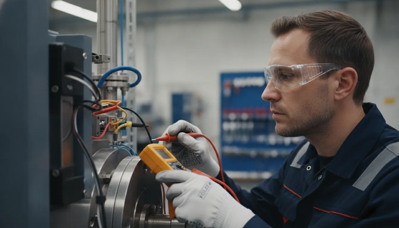 Técnico realiza inspeção detalhada em equipamento industrial, aplicando manutenção preventiva e corretiva para evitar falhas.