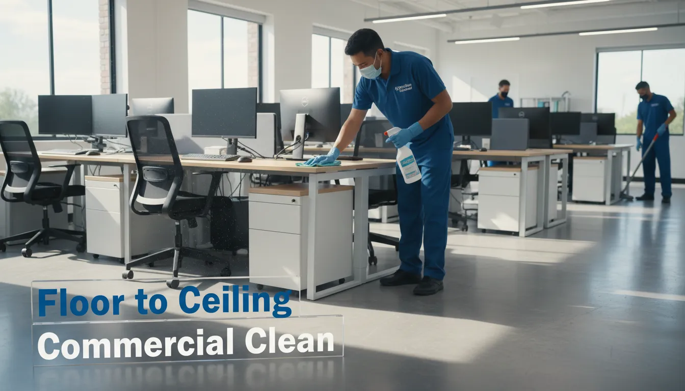 Commercial Cleaning Services near me by Floor to Ceiling Cleanings, focusing on disinfecting office surfaces for a healthy work environment.