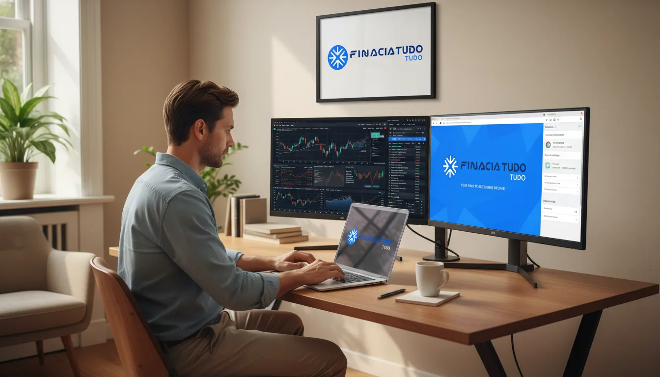 Pessoa trabalhando em um laptop com dados financeiros, focada na geração de renda recorrente indicando crédito com a Financia Tudo.