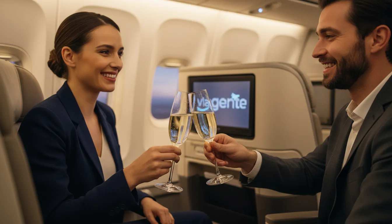Casal brindando com champanhe na classe executiva, apreciando o conforto e a experiência de viagem premium.