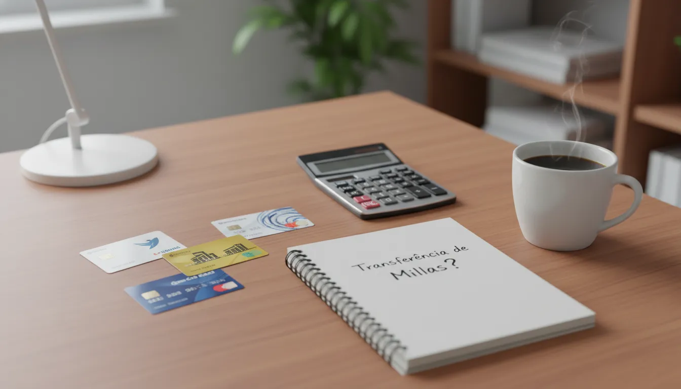 Cartões de fidelidade e calculadora sobre mesa, simbolizando a análise para transferência de milhas.