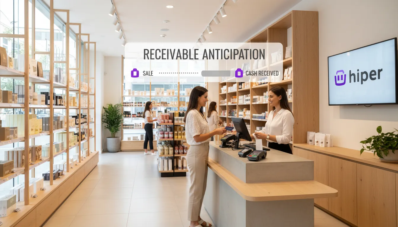 Interior de loja moderna com cliente pagando com cartão, ilustrando o período até o recebimento e a importância da antecipação de recebíveis.