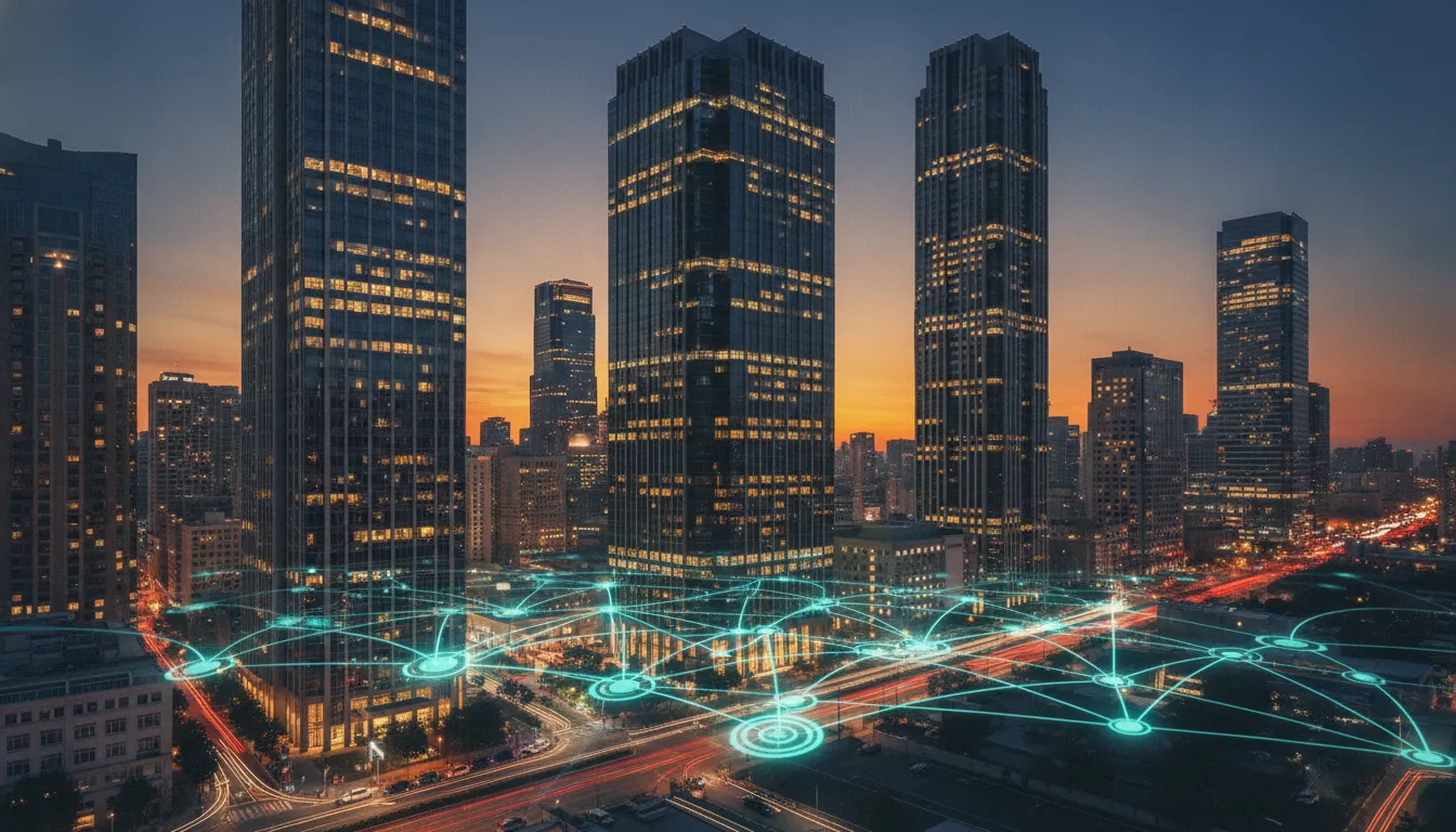 Skyline financeiro moderno e rede digital representam offshore holding EUA protecao patrimonial global.