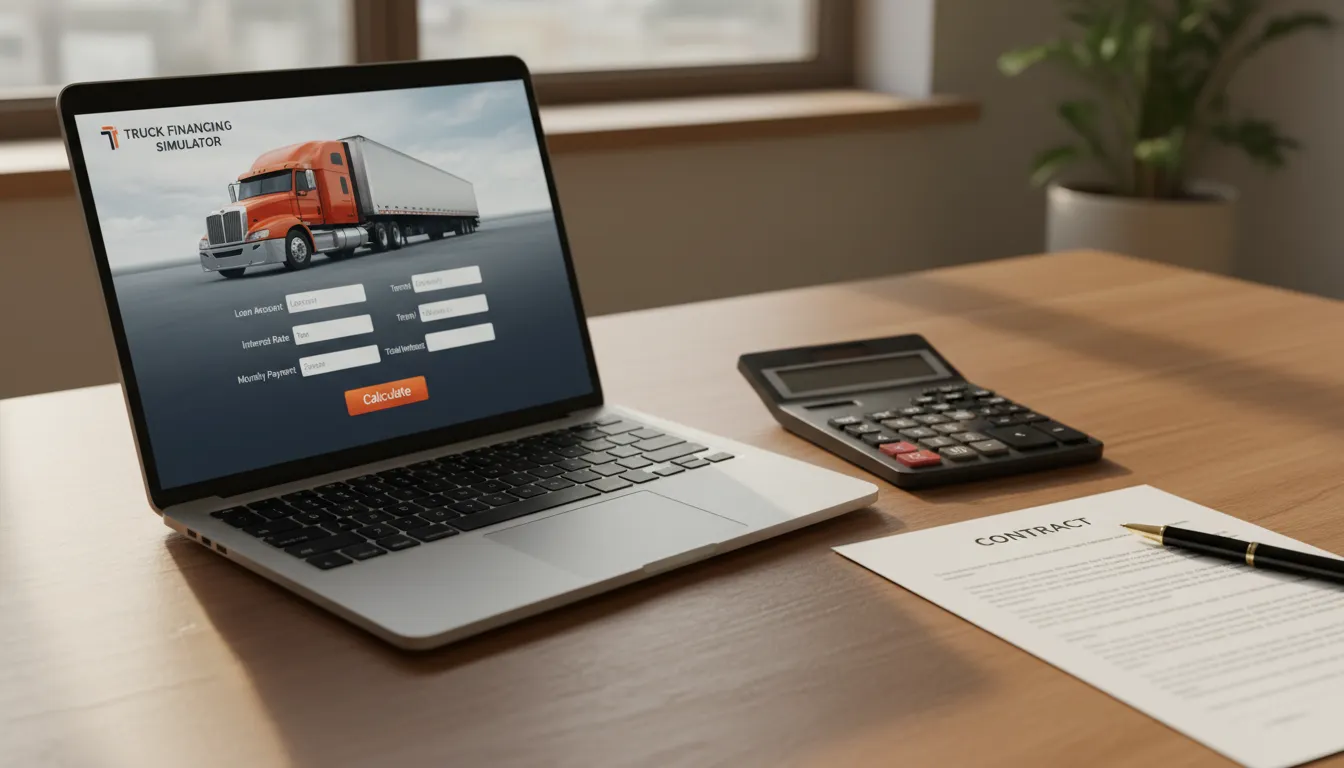 Mesa com documentos de contrato e simulador de financiamento de caminhão em uso para decisão consciente.