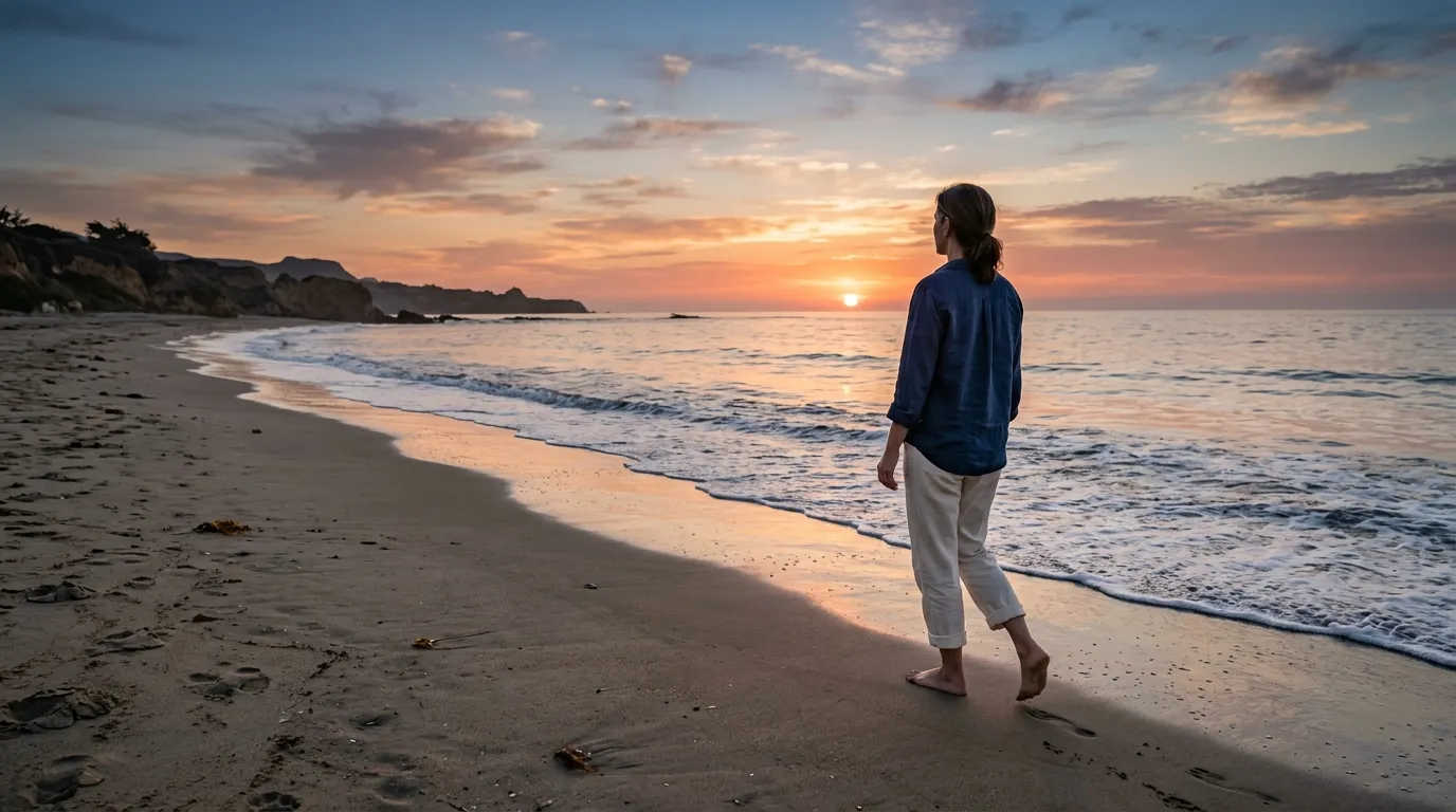 Pessoa caminhando na praia ao pôr do sol para saúde emocional e espiritual.