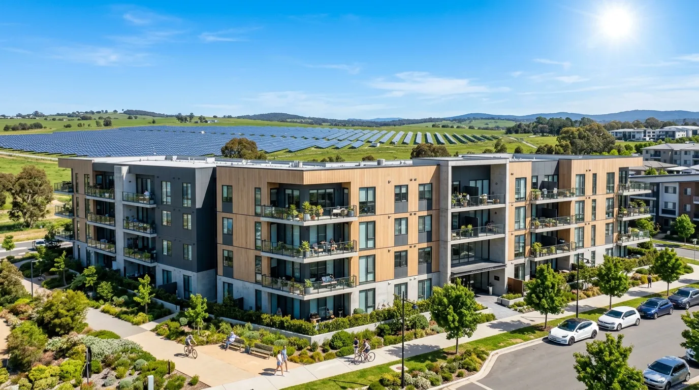 Prédio residencial conectado a energia solar por assinatura para aluguel sob céu azul ensolarado.