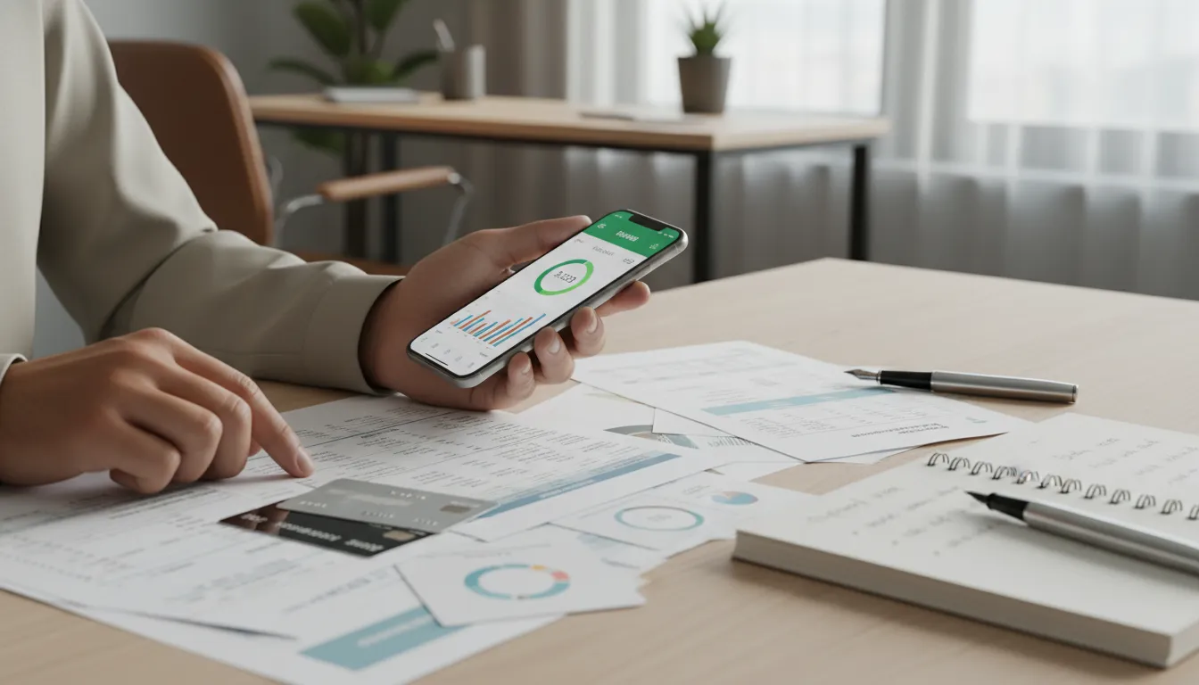 Mãos organizam documentos e app de orçamento, mostrando como melhorar a saúde financeira com planejamento.