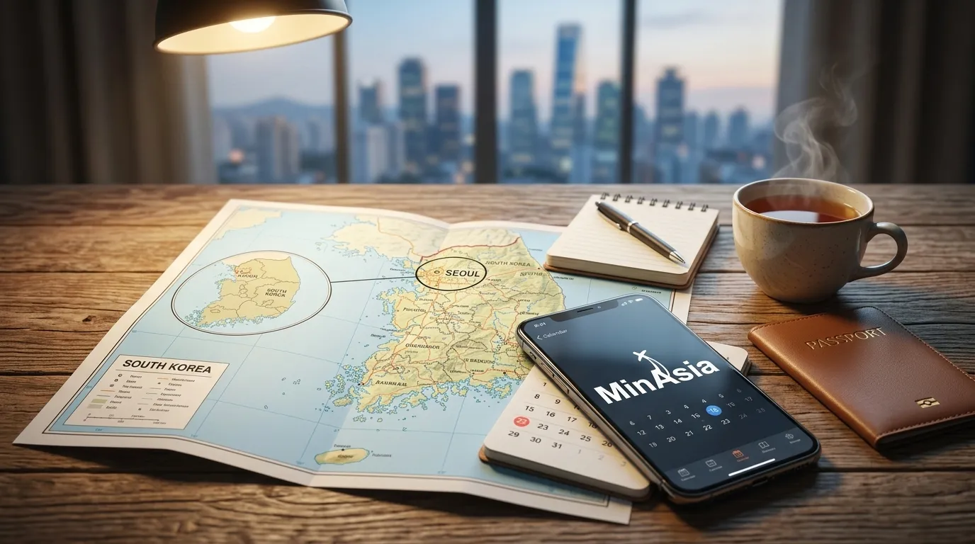 Planejamento de viagem com mapa da Coreia do Sul e calendário marcando as datas da JMJ 2027.