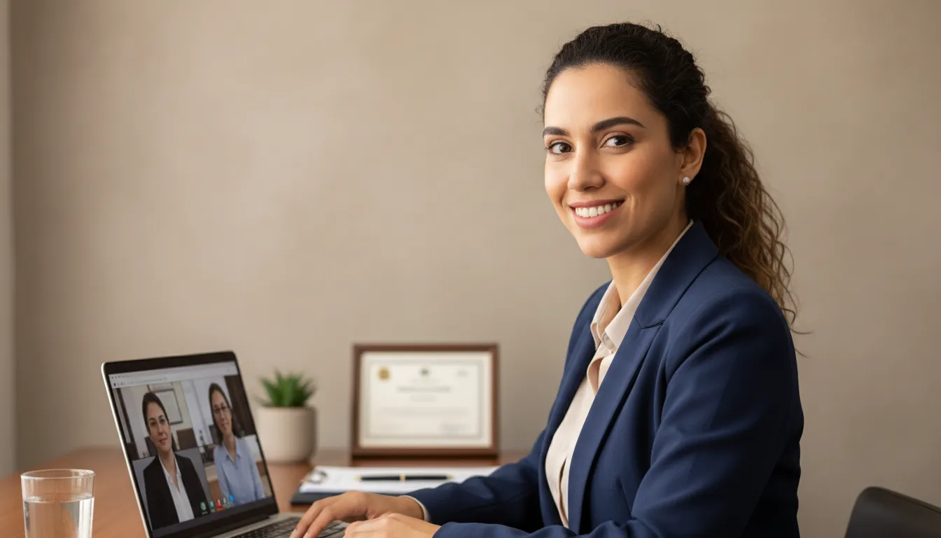 Advogada brasileira oferecendo orientação jurídica atenciosa via vídeo chamada