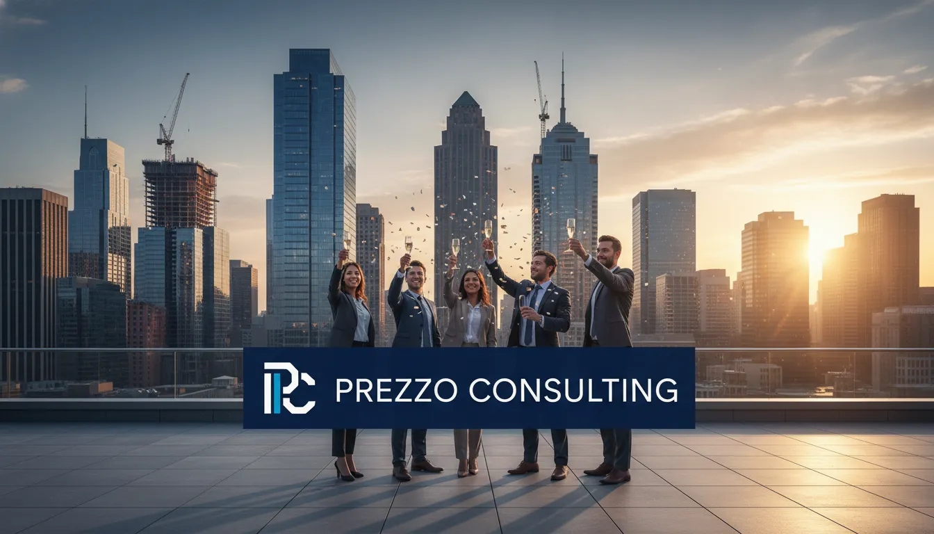 Equipo celebrando frente a un horizonte urbano estadounidense, simbolizando las oportunidades de crecimiento tras la apertura de empresa en estados unidos con Prezzo.