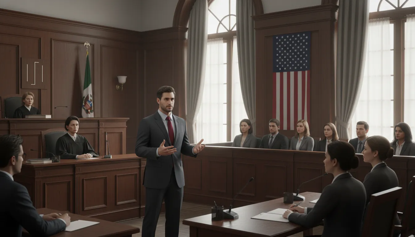 Em um tribunal, um advogado civil o que faz apresenta um caso diante do juiz e júri, em uma cena realista e solene.