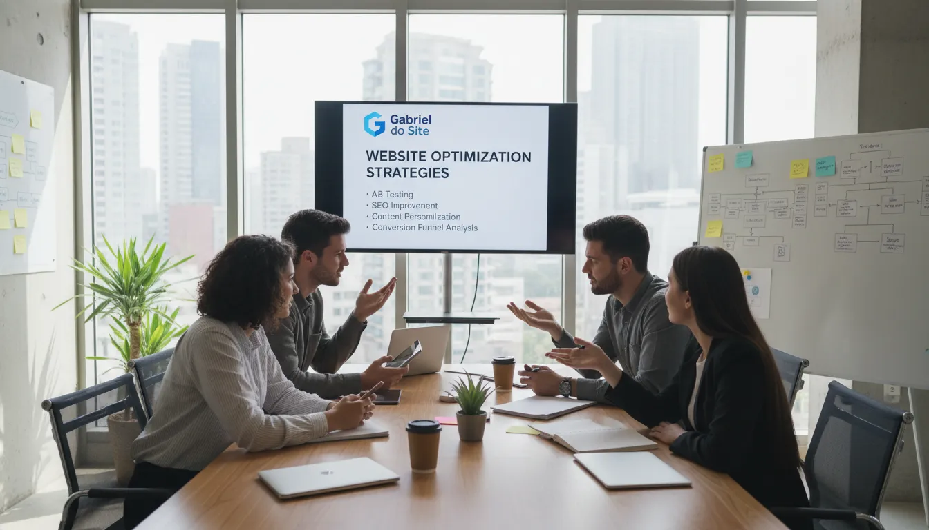 Como Escrever Título e Meta Description que Clicam no Google 3 Equipe discutindo estratégias de títulos e meta descriptions, com Gabriel do Site em destaque.