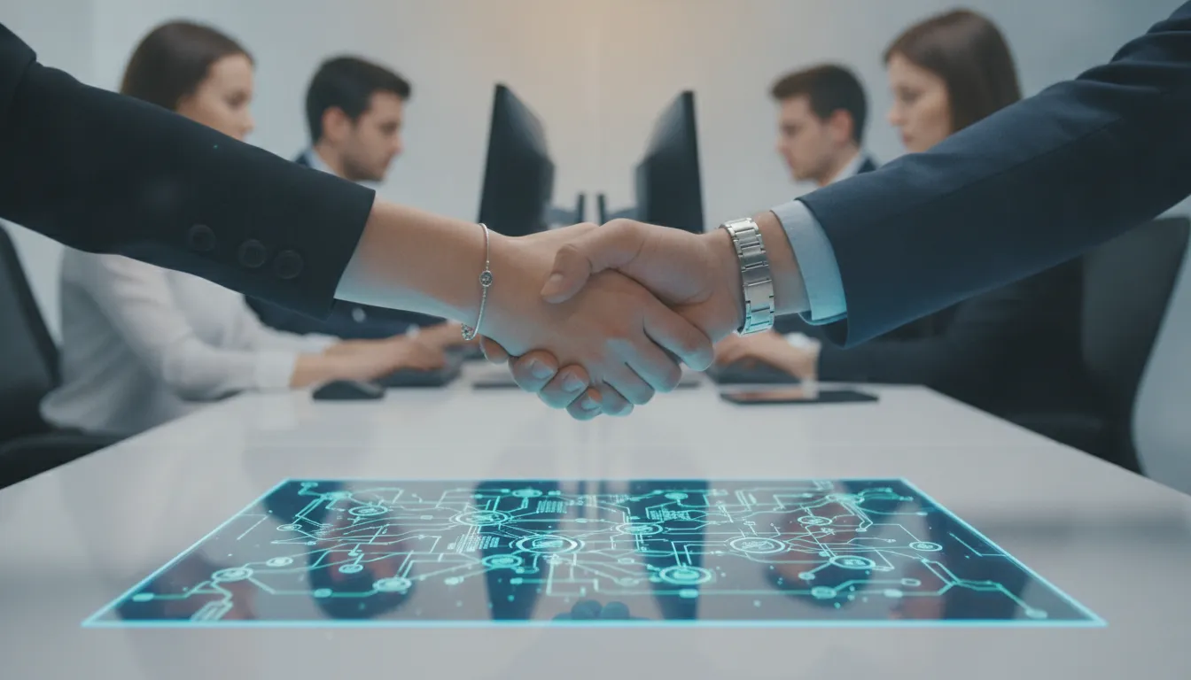 Mãos apertam-se sobre interface digital, simbolizando conexão e parceria para eficiência e crescimento empresarial.