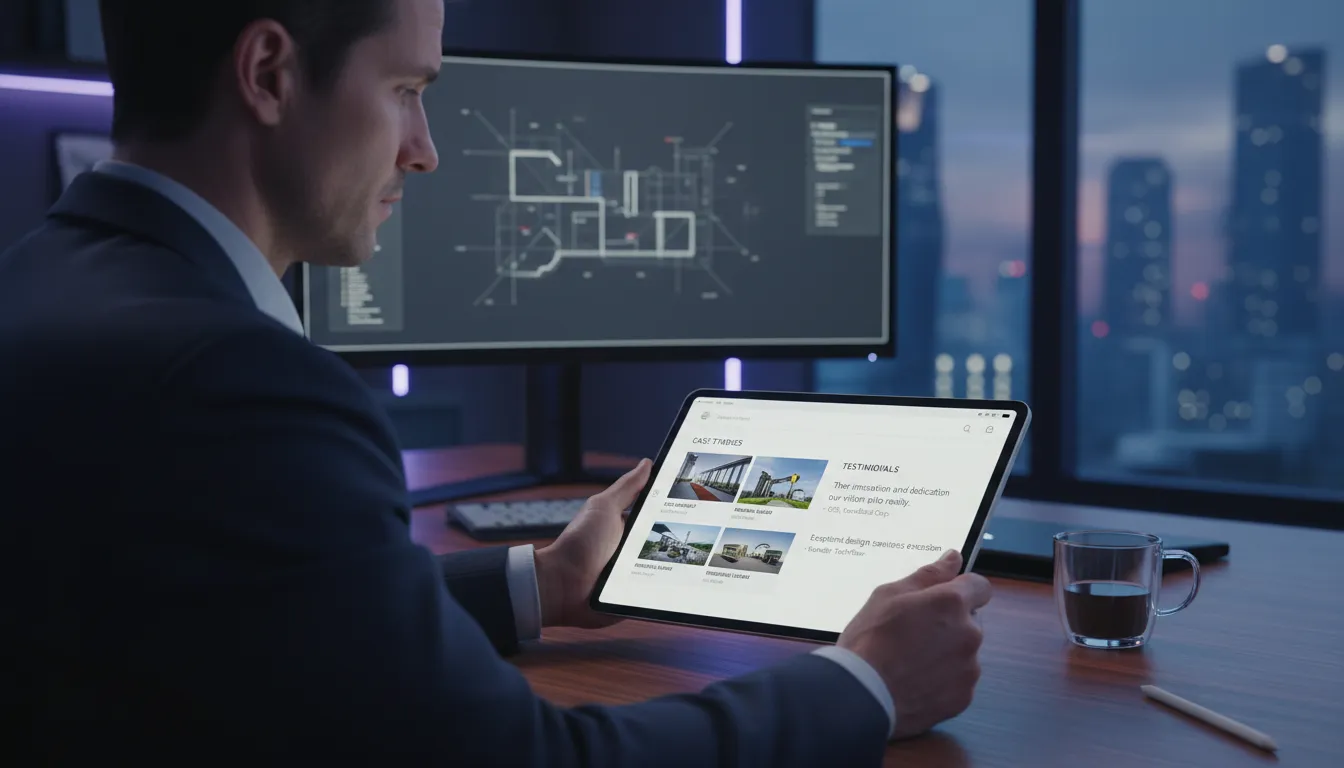 Site para Freelancer em 2026: Portfólio que Fecha Contratos 1 Cliente analisando portfólio digital com estudos de caso e depoimentos em um escritório tecnológico.