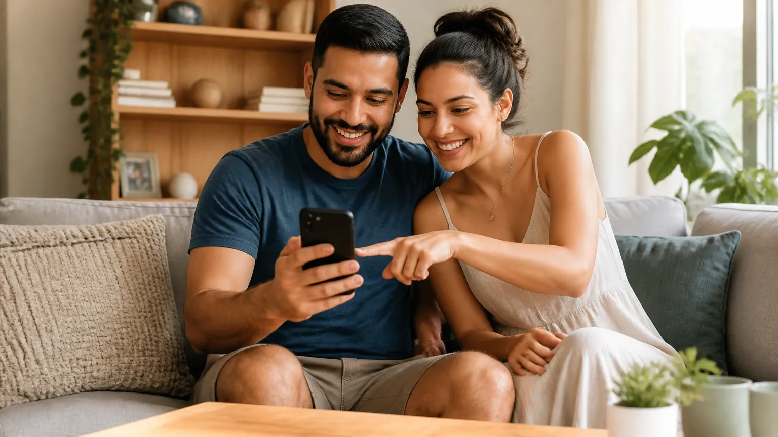 Casal aliviado conferindo condições do empréstimo na conta de luz no celular.