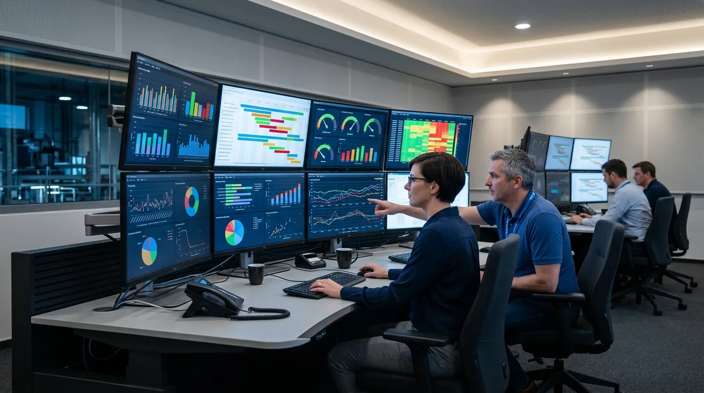 Sala de controle exibindo painéis do software de manutenção industrial em grandes monitores.