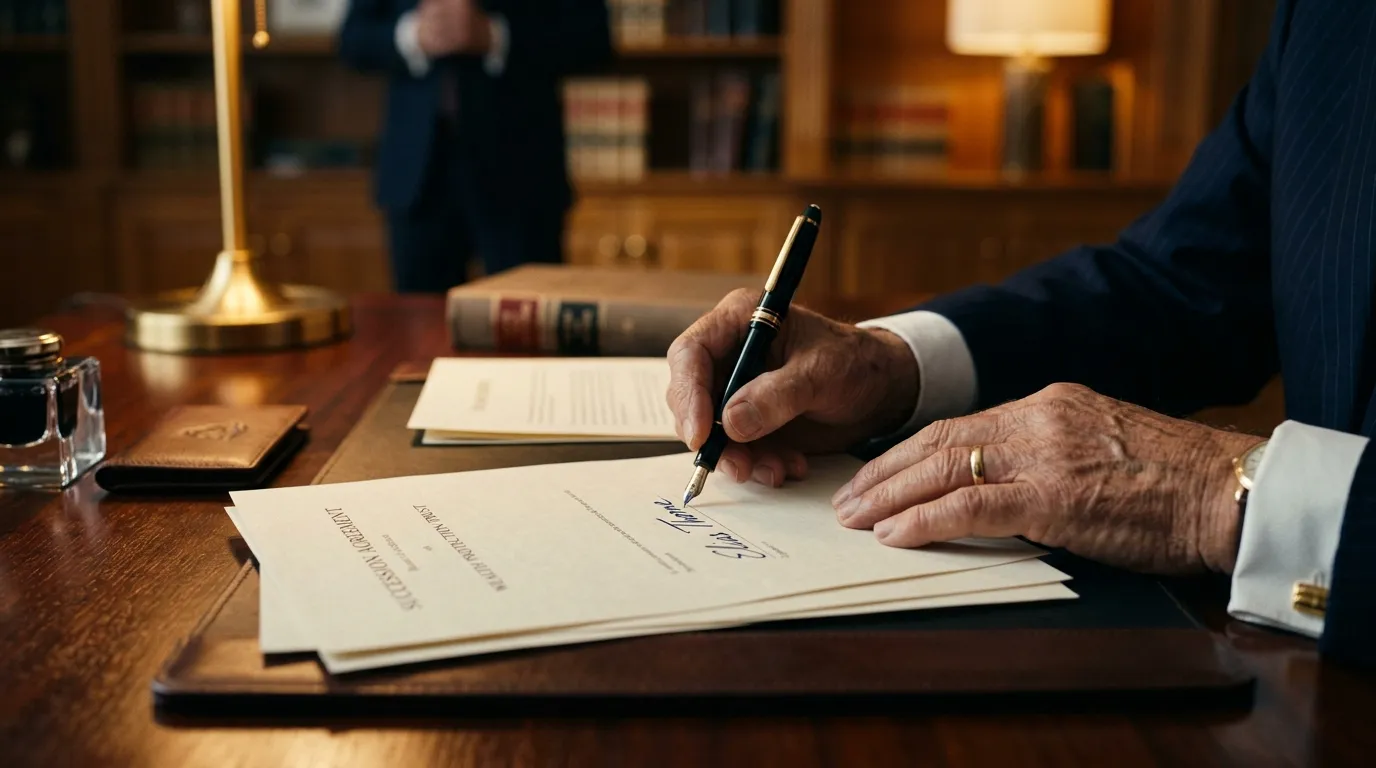 Empresário assinando documentos de holding familiar e planejamento sucessório para proteção patrimonial.