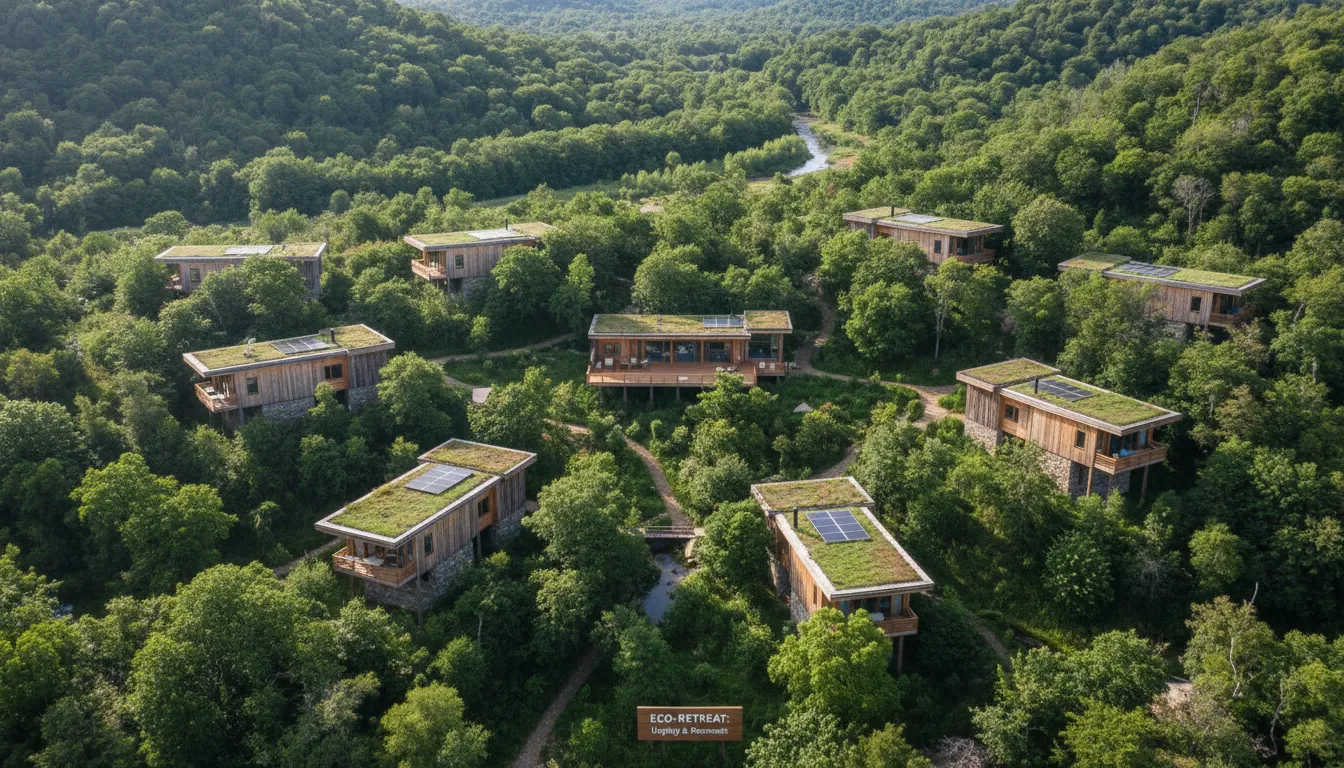 Conjunto de cabanas ecológicas distribuídas estrategicamente em meio à vegetação nativa preservada.