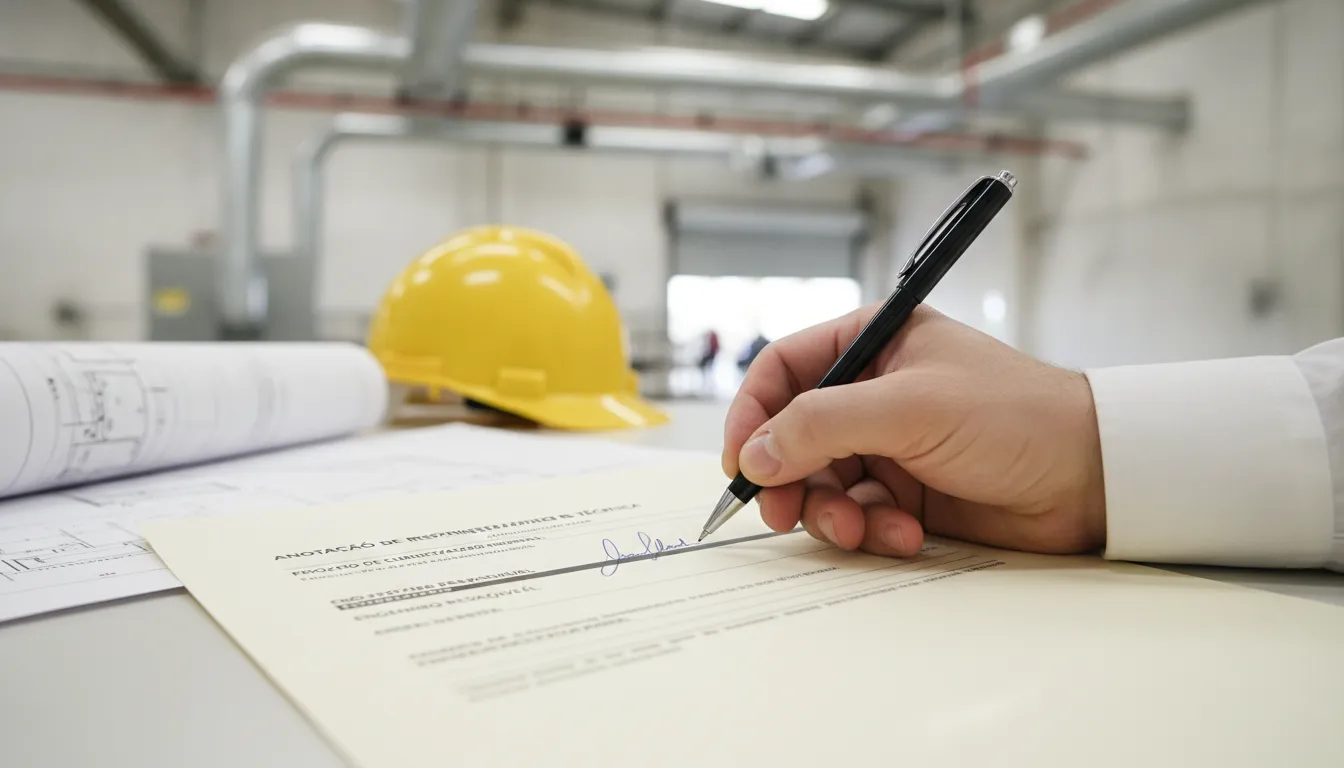 Mão assina ART responsabilidade técnica climatização industrial, simbolizando compromisso e conformidade.