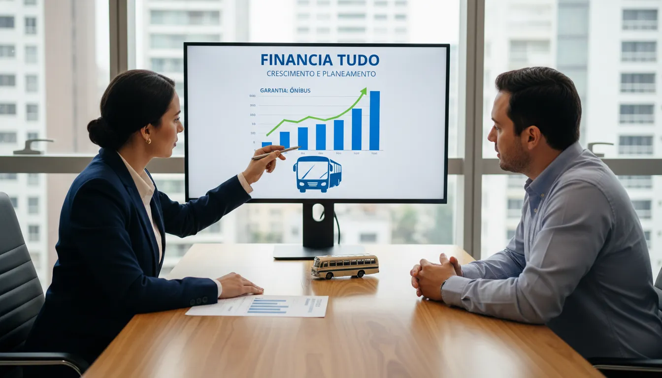 Consultor da Financia Tudo orientando cliente sobre opções financeiras usando um ônibus como garantia para empréstimo, ilustrando crescimento e planejamento financeiro.