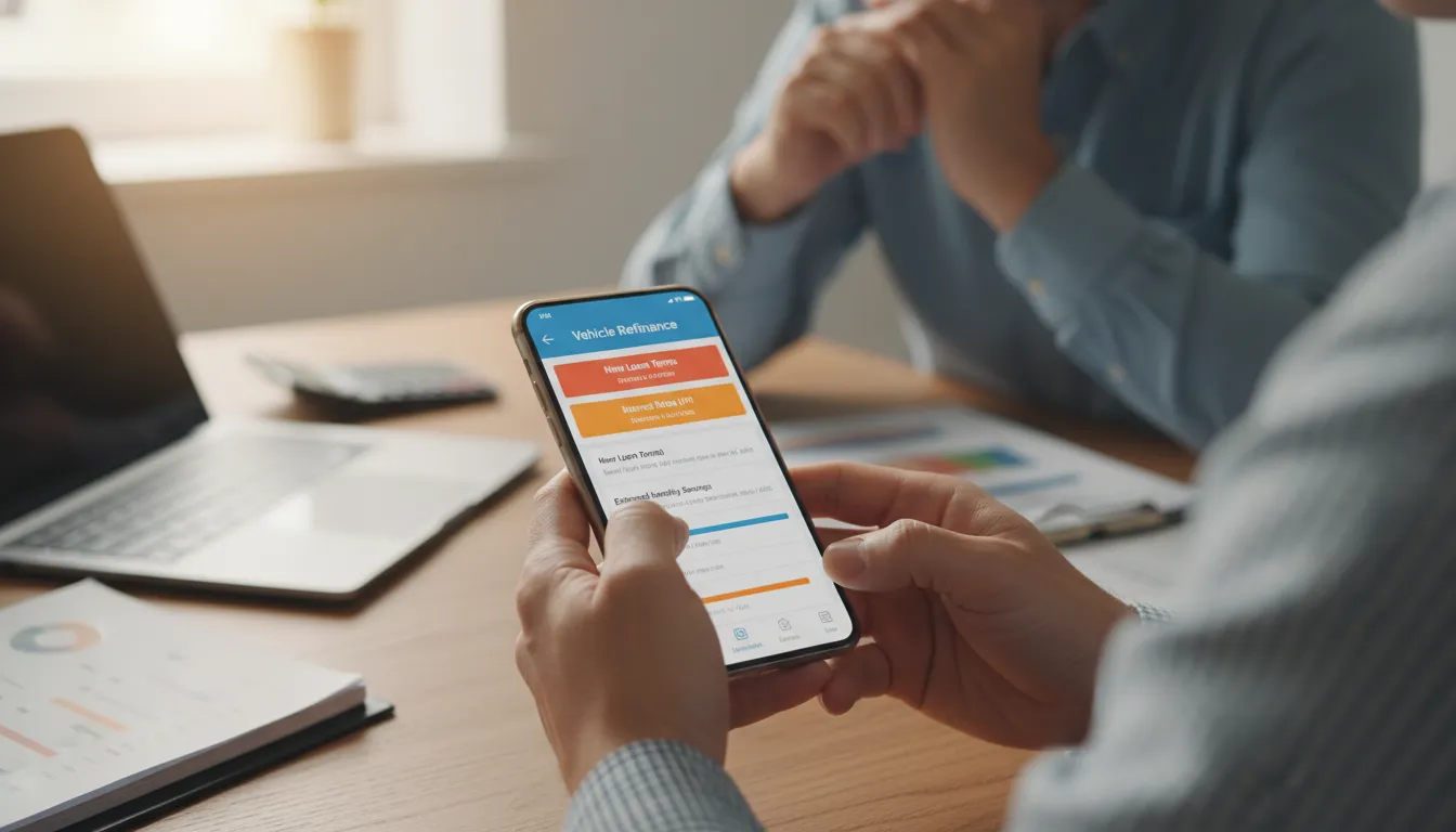 Mãos digitando em smartphone, explorando app de refinanciamento de veículo. Foco na reorganização financeira pessoal.