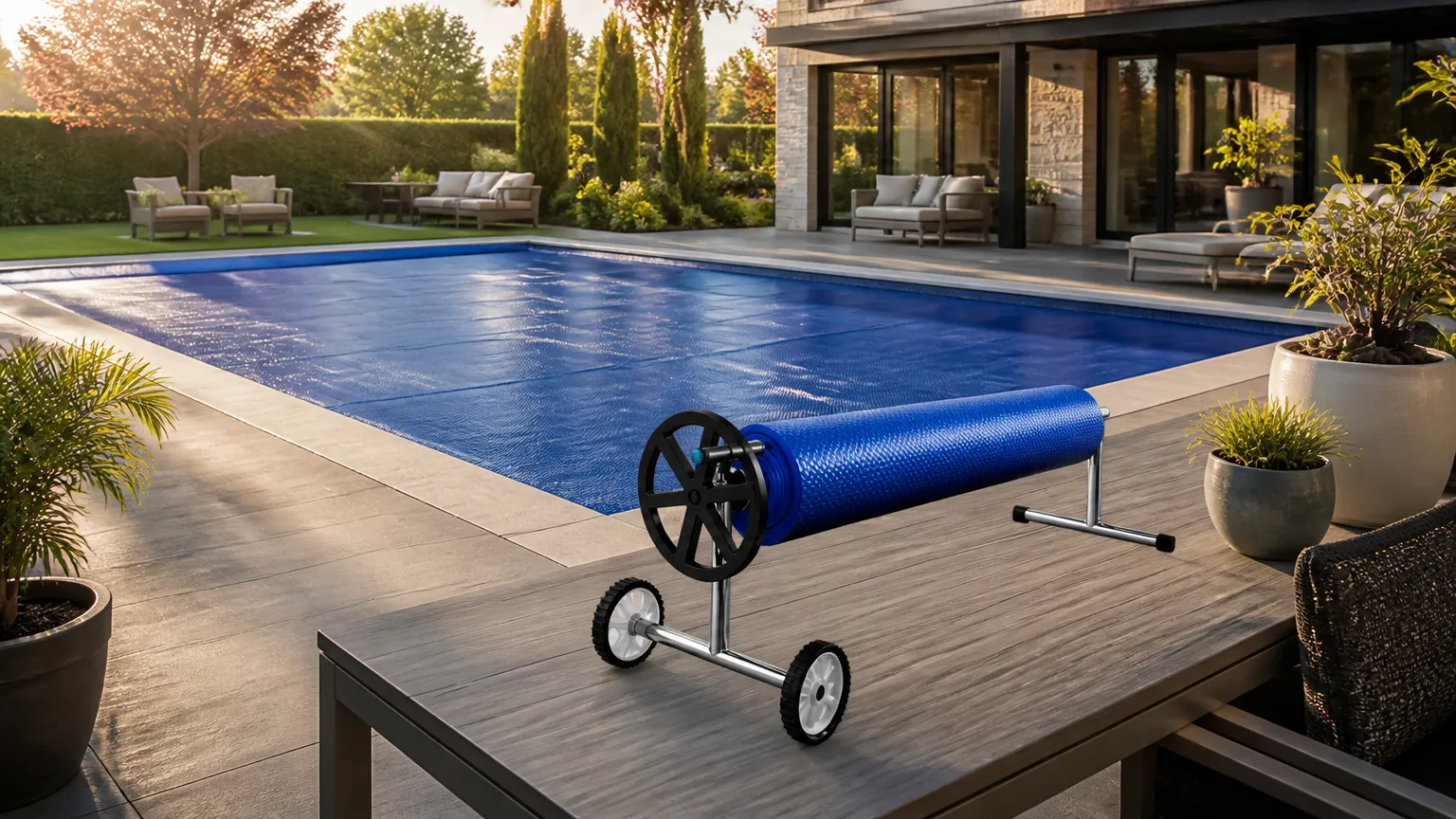 Manutencao com capa para piscina em jardim residencial moderno e limpo