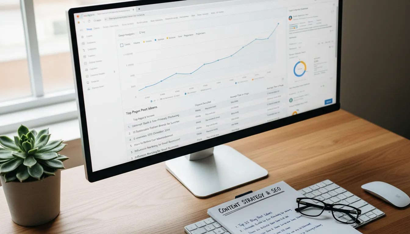 Ideias de Conteúdo para Blog de Loja Virtual que Trazem Tráfego Orgânico 2 Gráficos de desempenho de blog e lista de ideias de posts para alavancar tráfego orgânico de loja virtual.