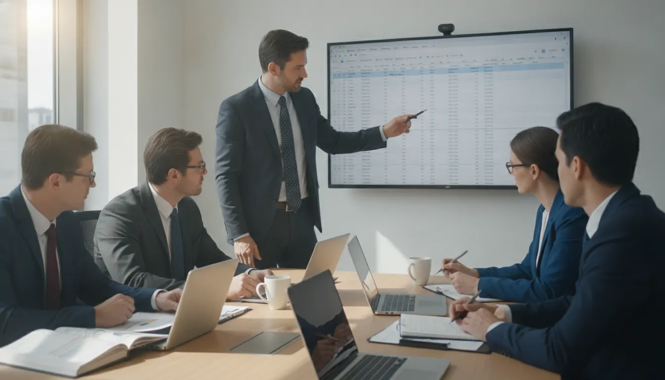 Profissionais discutem como fechar empresa nos EUA, analisando documentos financeiros e legais em reunião.