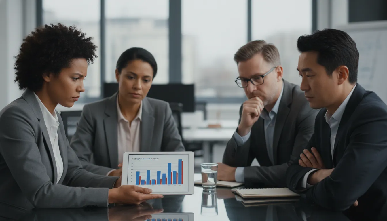 Grupo discute equiparação salarial em reunião, analisando dados de compensação em tablet.