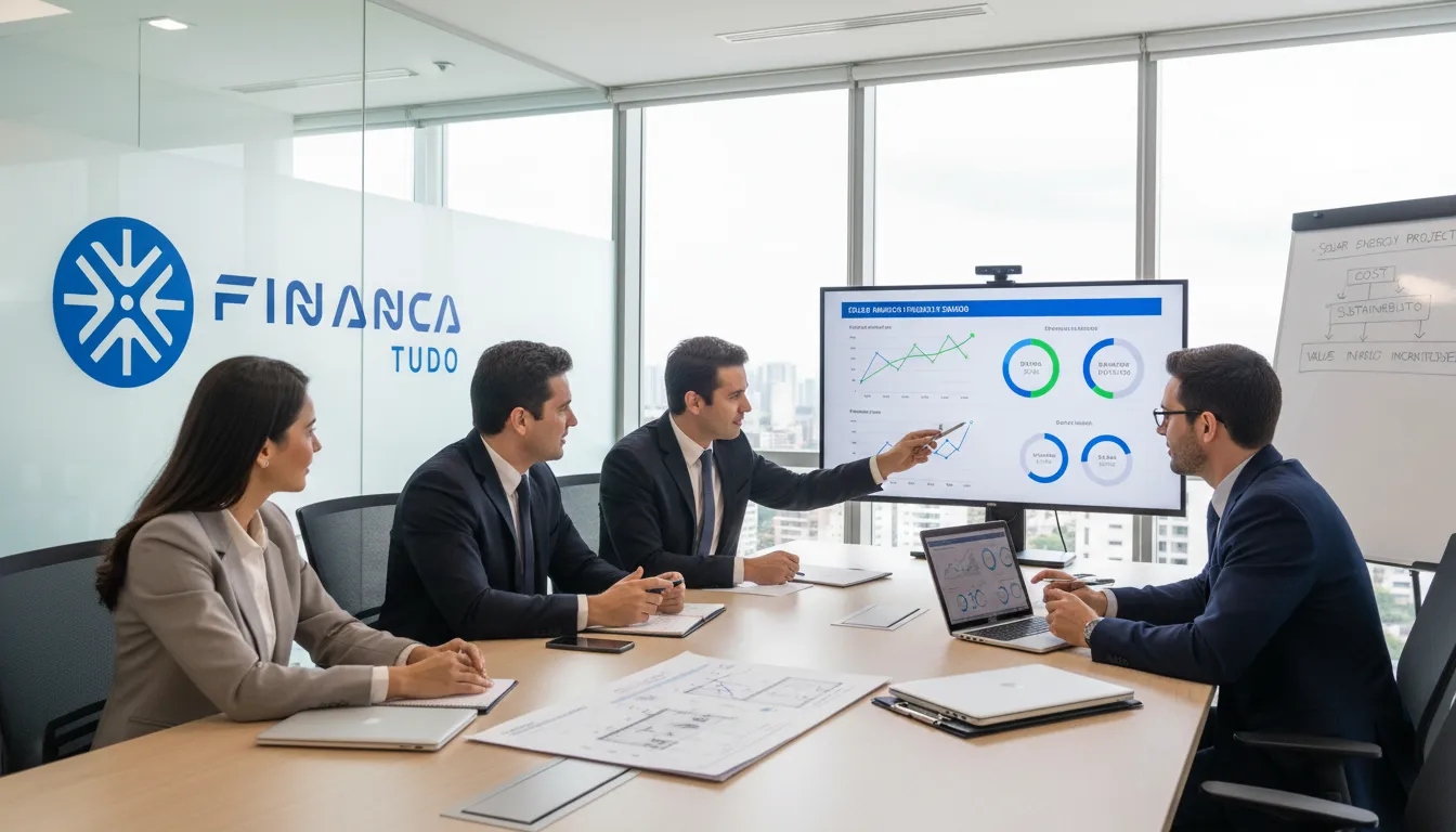 Especialistas Financia Tudo consultando sobre soluções de energia solar para condomínios financiamento e economia.
