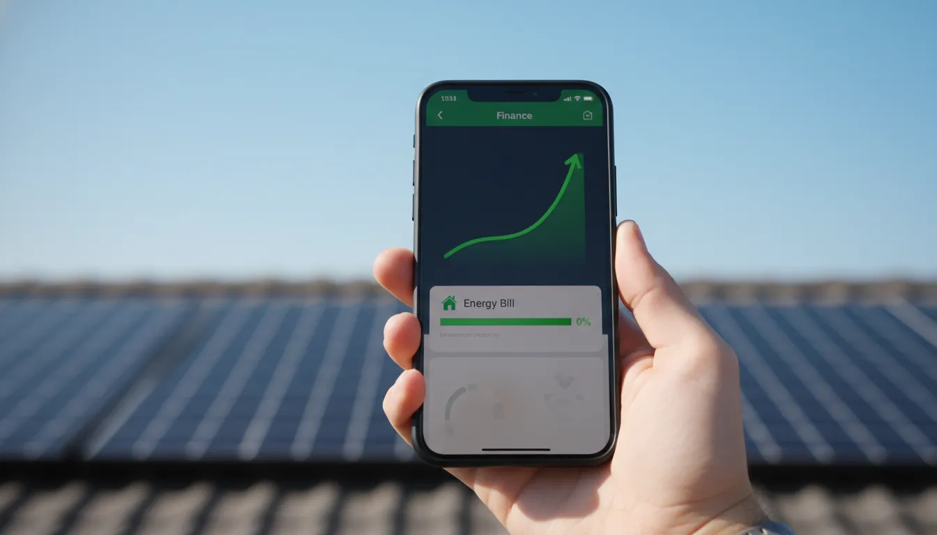 Mão segurando smartphone com app financeiro mostrando economia energia solar e redução de conta de luz.