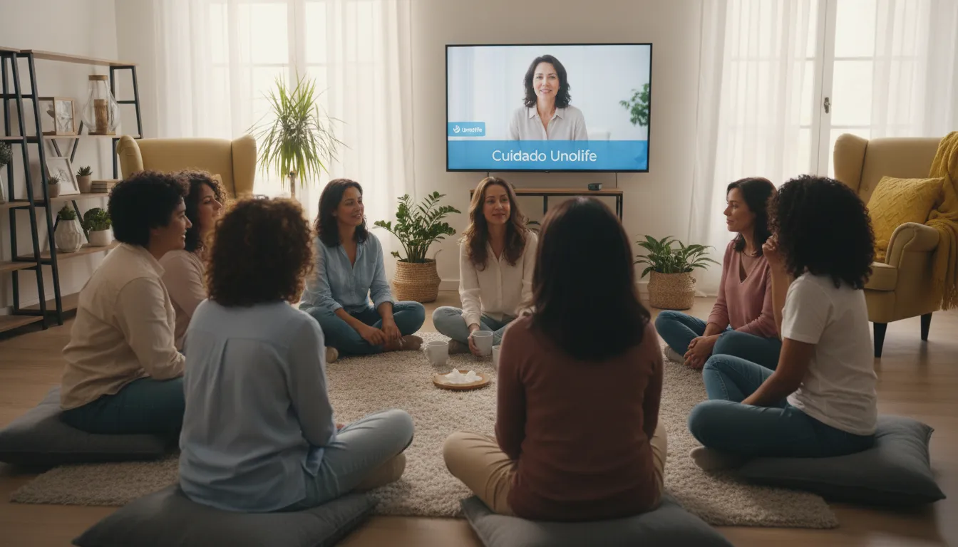 Grupo de mães em sessão de terapia online em grupo da Unolife, compartilhando desafios e buscando apoio no puerpério. A terapia online oferece um espaço seguro para o cuidado emocional materno.