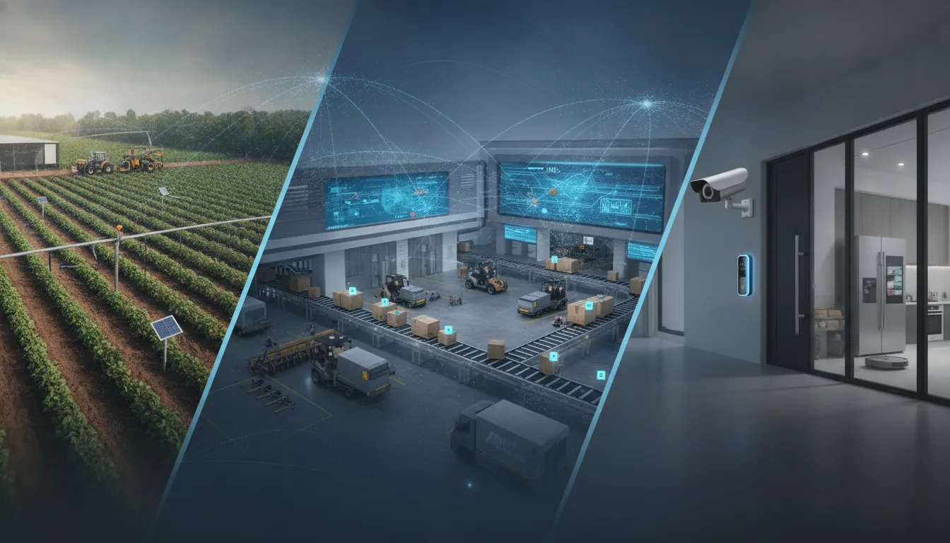 Diversas aplicações da internet das coisas: agricultura, logística e casa inteligente, conectadas em um ecossistema.