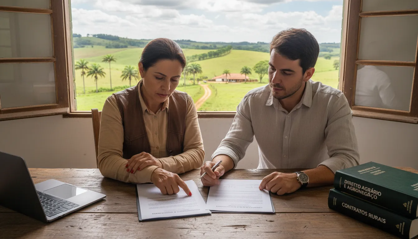 Produtor rural com advogado analisando documentos legais em um escritório com vista para o campo