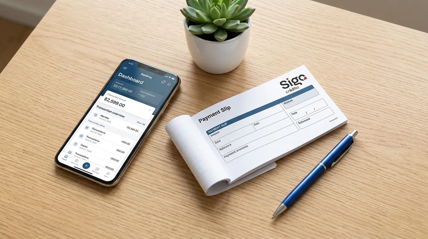 Celular com aplicativo financeiro e boleto de empréstimo pessoal online no carnê sobre a mesa