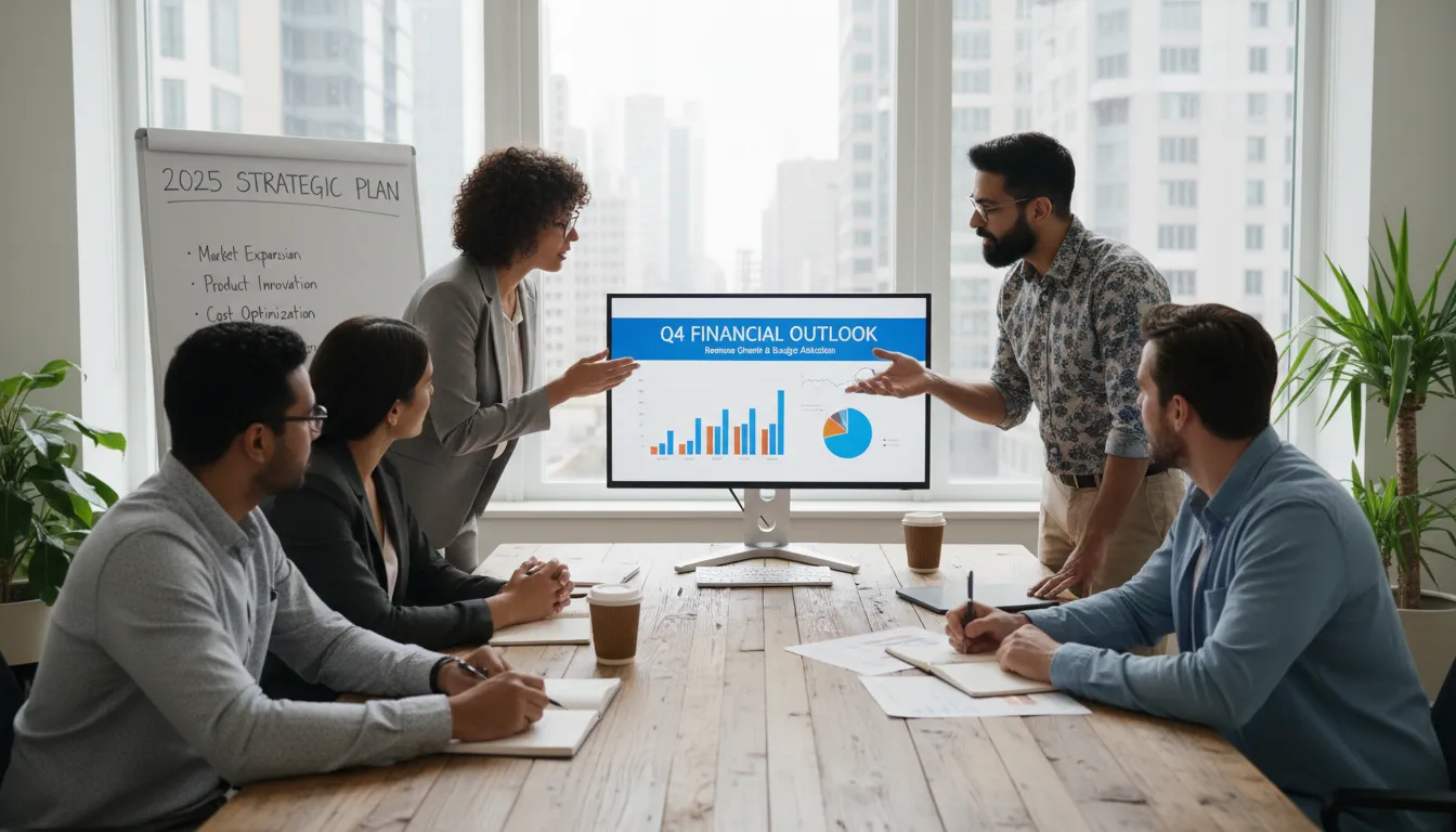 Equipe de pequena empresa nos EUA em reunião, avaliando planejamento financeiro