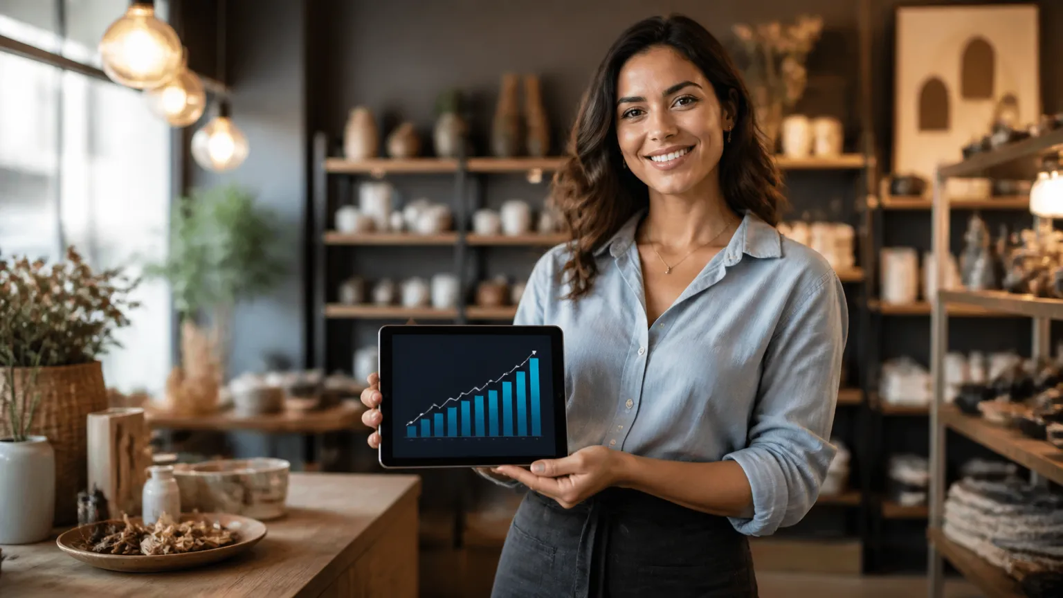 Empresária monitorando metas de quanto uma empresa precisa faturar para pagar as contas.