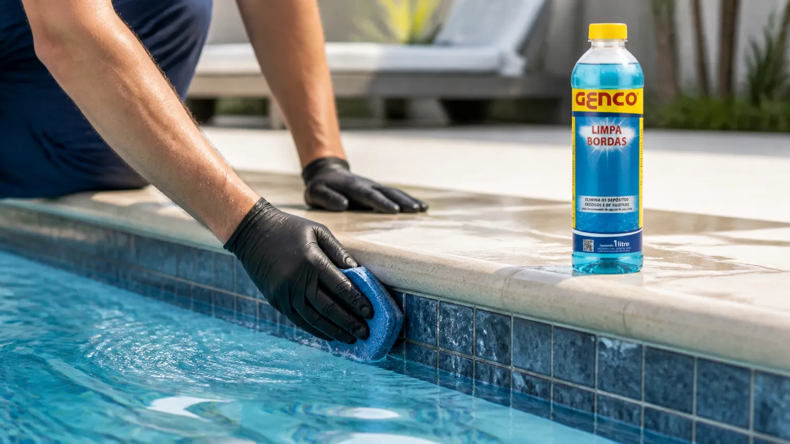 Processo prático mostrando como limpar borda de piscina removendo manchas e oleosidade acumulada no azulejo.