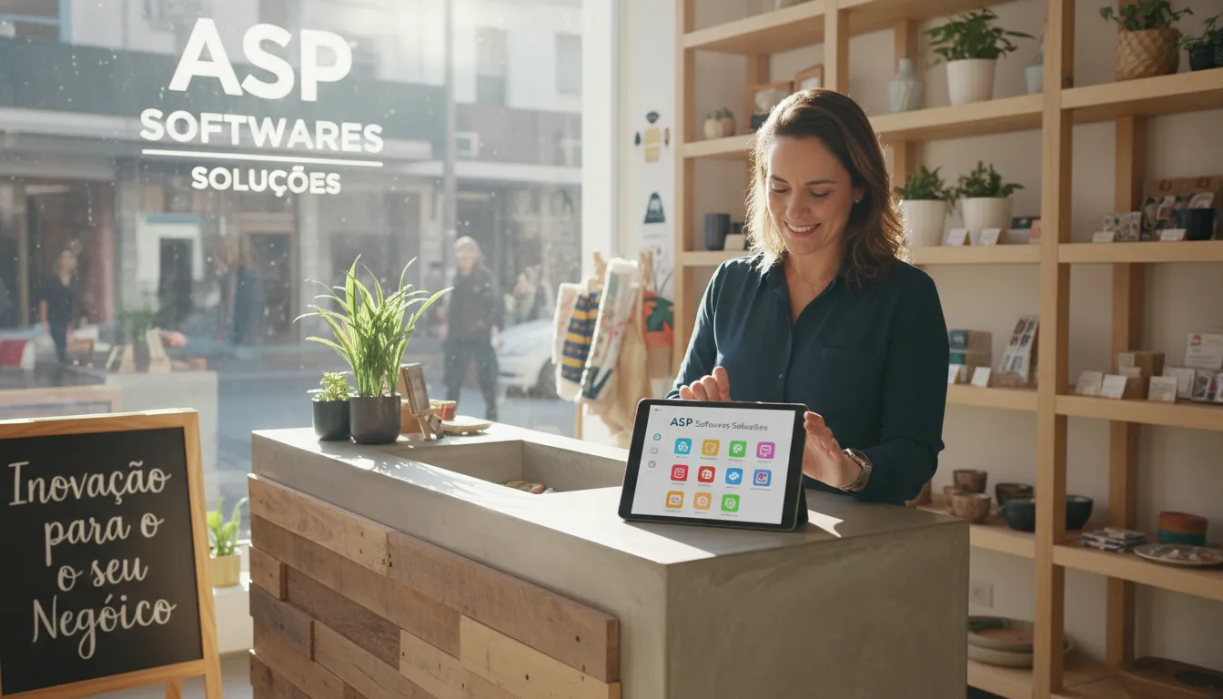 Empresário utilizando tablet com aplicações da ASP Softwares em loja.