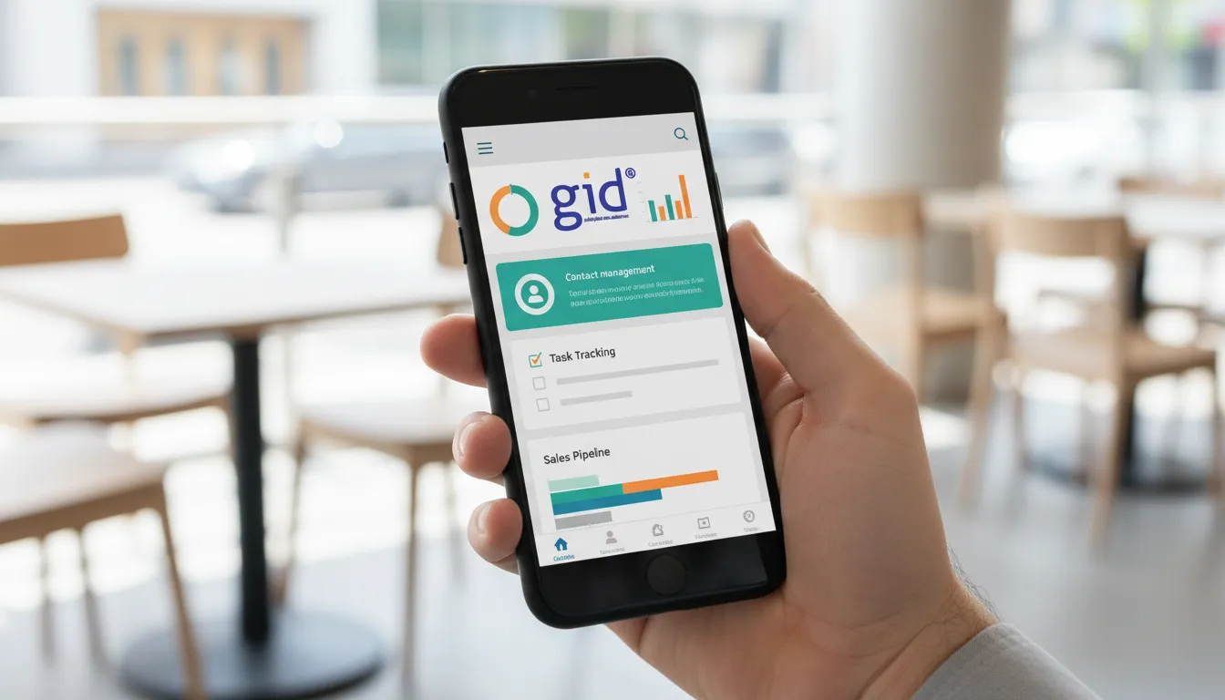 Interface de aplicativo CRM em smartphone demonstra o que é CRM, com adesivo GID ao fundo.
