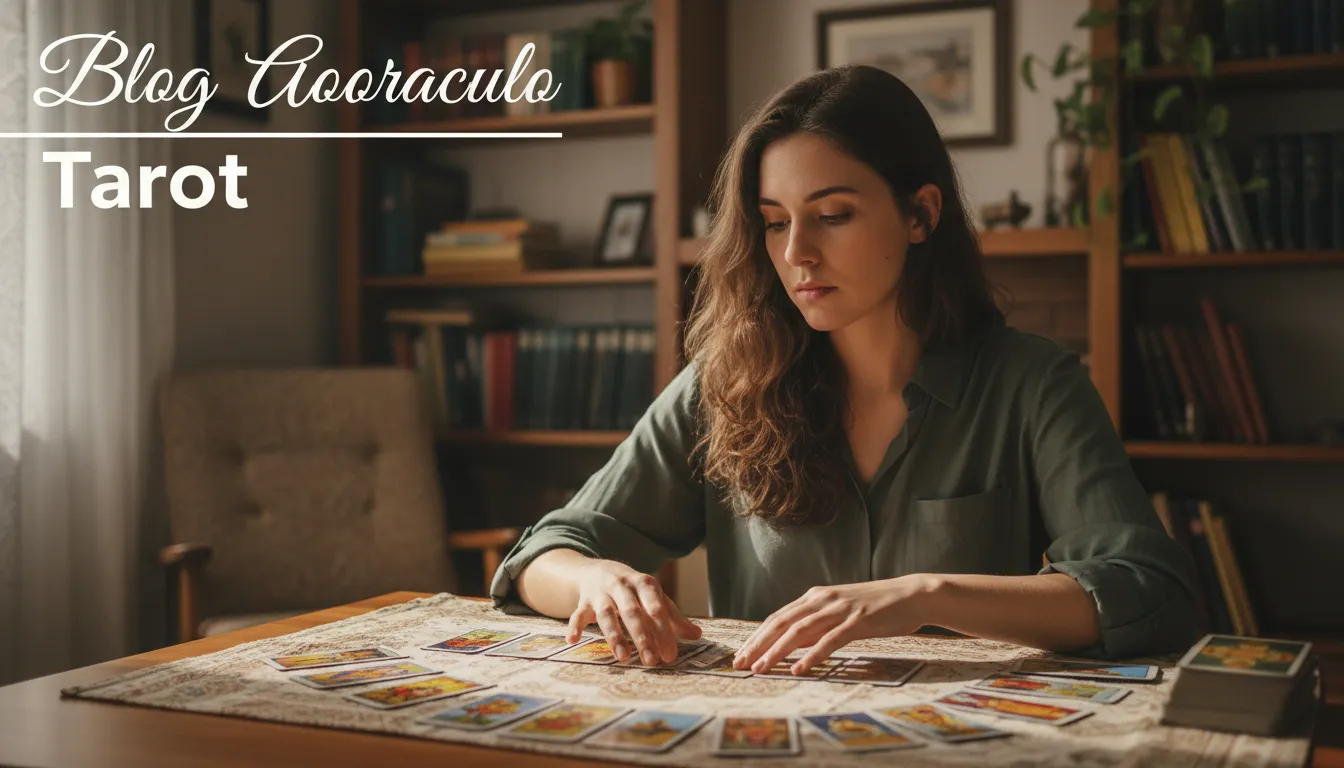 Mulher jovem lendo cartas de tarot em cena realista e aconchegante, expressando como o tarot revolucionar vida pessoal com Aooraculo Blog.